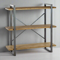 Three tier wooden and metal shelving. A perfect industrial look for a kitchen or living room. Good size for any room, the wide wooden shelves will hold the tallest and widest of decorative items.