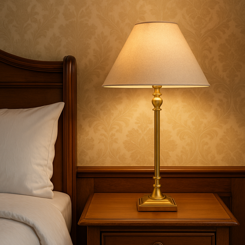 A classic, antique brass, column&nbsp; table lamp with linen shade.&nbsp; Perfect bedside lamp, the right size and shape for most bedside tables. A really traditional lamp.&nbsp;&nbsp;