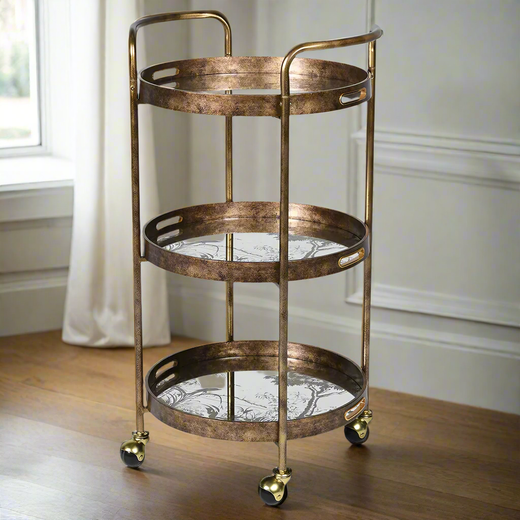 Three Tiered Gilt Drinks Trolley with Mirrored Trays