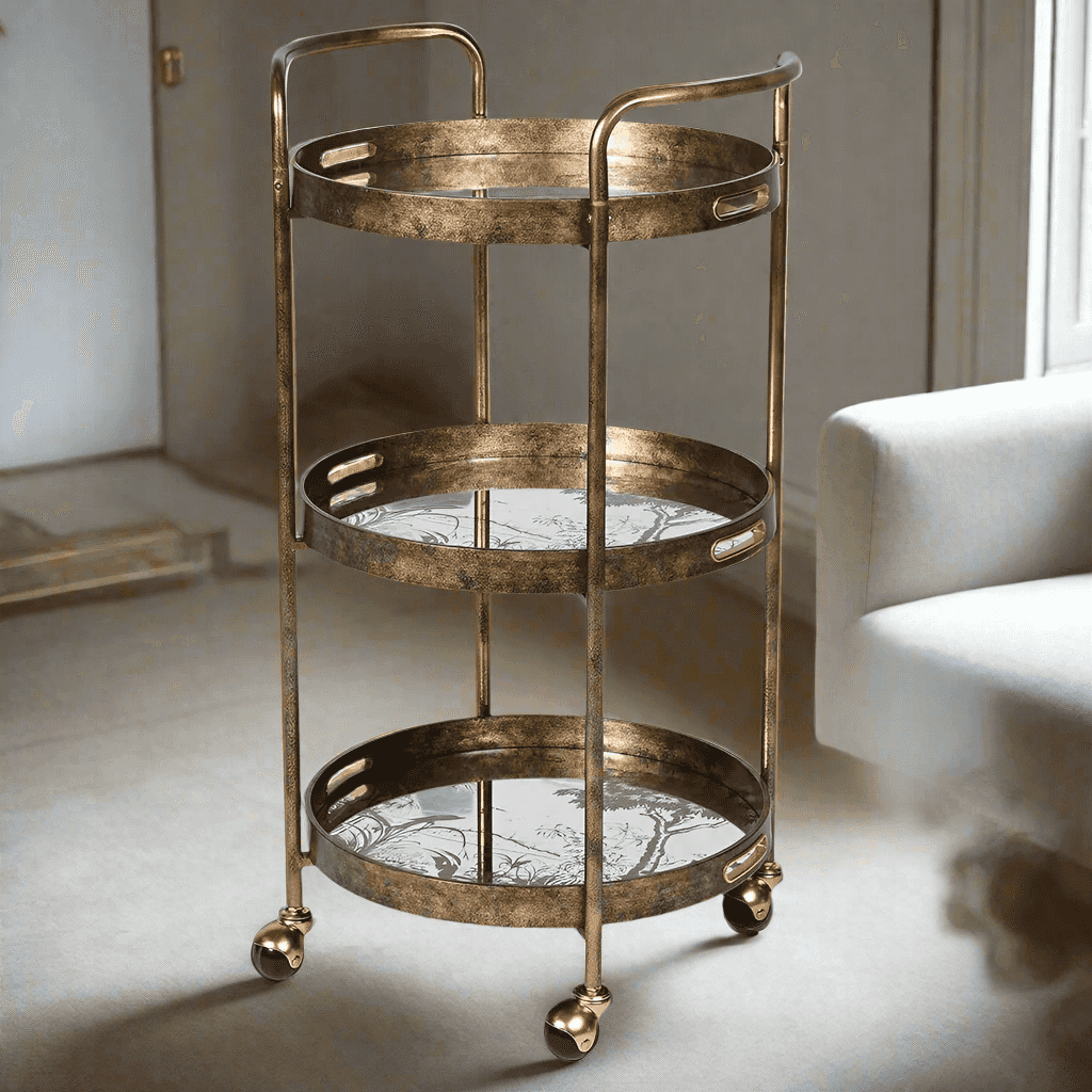 Gilt drinks trolley with mirrored trays and wheels