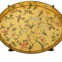 Hand-painted Chinoiserie gilt tray on black folding stand with birds and floral design by Decorexi.