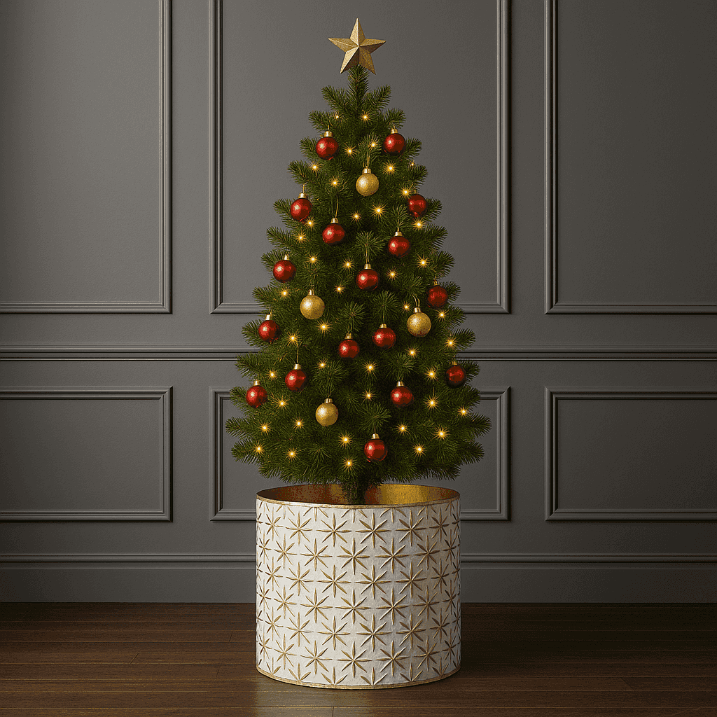 Festive white gold metal container for holiday storage with Christmas tree