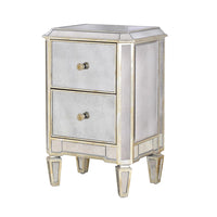 <p>This mirrored bedside table with two draws comes with small metal handles and ample storage.&nbsp; It has very clean simple lines and will make your bedroom feel more glamorous and spacious.</p> <p>H: 73 cm W: 46 cm D: 37 cm</p>