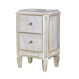 <p>This mirrored bedside table with two draws comes with small metal handles and ample storage.  It has very clean simple lines and will make your bedroom feel more glamorous and spacious.</p> <p>H: 73 cm W: 46 cm D: 37 cm</p>