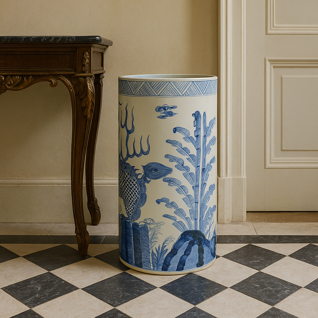Large Blue & White Umbrella Stand