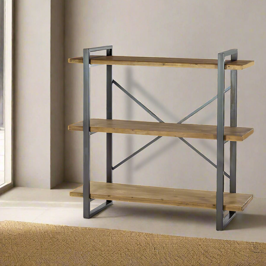 Three tier wooden and metal shelving. A perfect industrial look for a kitchen or living room. Good size for any room, the wide wooden shelves will hold the tallest and widest of decorative items.
