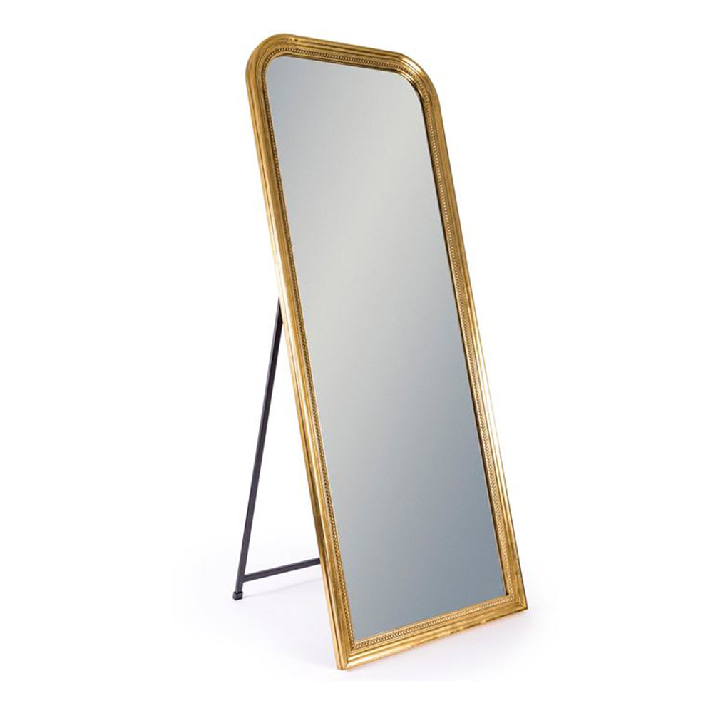 A tall gold framed beaded full length dressing mirror, perfect lean against the wall or pull out the integrated stand to see your full reflection before you leave the house. A perfect bedroom or dressing room mirror.