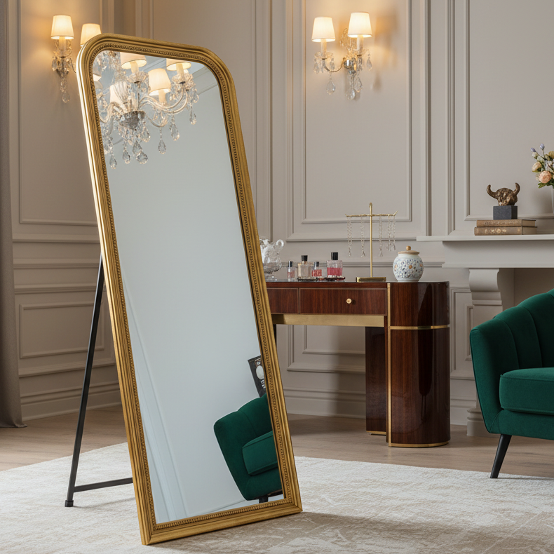 gold dressing mirror Standing I Beaded I Mirror I Decorexi I Chiswick – Decorexi A World of Interiors 4 way stretch 70.1x31.9 inches mirror is Size:Large - 45x60 cm / 18x24″ | Popular Sample Sequin Round Neck
