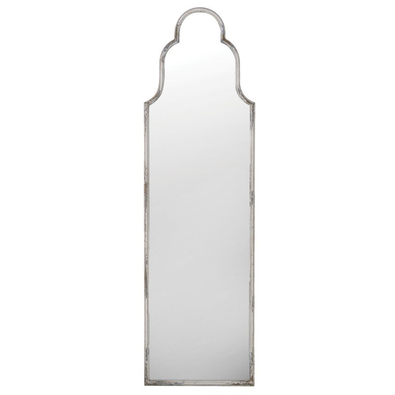 Tall, narrow iron mirror, beautifully shaped in a distressed white painted frame, great indoor or outdoor mirror.