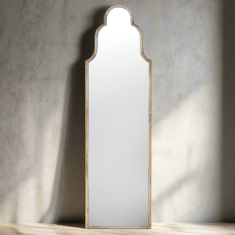 Tall, narrow iron mirror, beautifully shaped in a distressed white painted frame, great indoor or outdoor mirror.