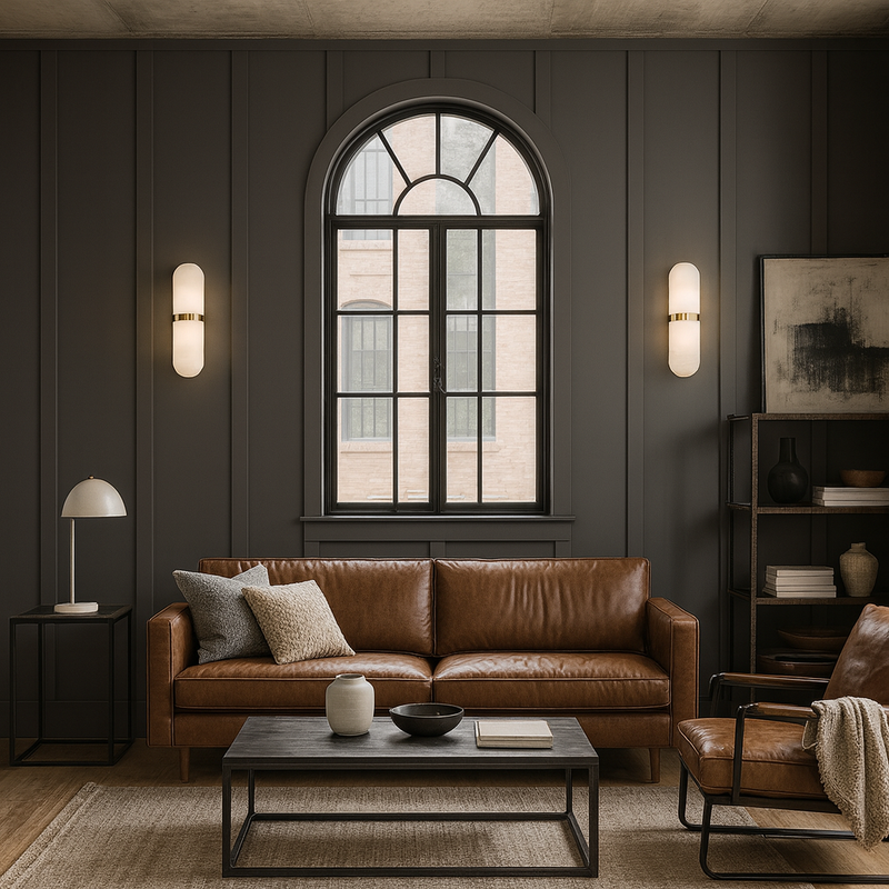 A pale coloured alabaster wall light in an 'art deco' shape with a gilt central band.&nbsp; At 40 cm long, this is a substantial light and would look perfect on a living room wall to add an 'art deco' aesthetic to the room.&nbsp; Wall lights are a fantastic way to add subtle lighting to your room and these alabaster lights are both decorative and effective.