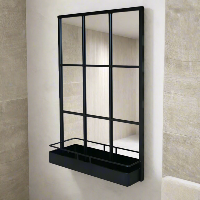 Black, wall window mirror with integrated shelf to the base.&nbsp; A perfect hall mirror, the window mirror adding to the light an perspective and the shelf as the perfect place for keys etc. On a patio, balcony or in a conservatory, the shelf would be a perfect place for plants to trail up onto the window mirror.&nbsp;