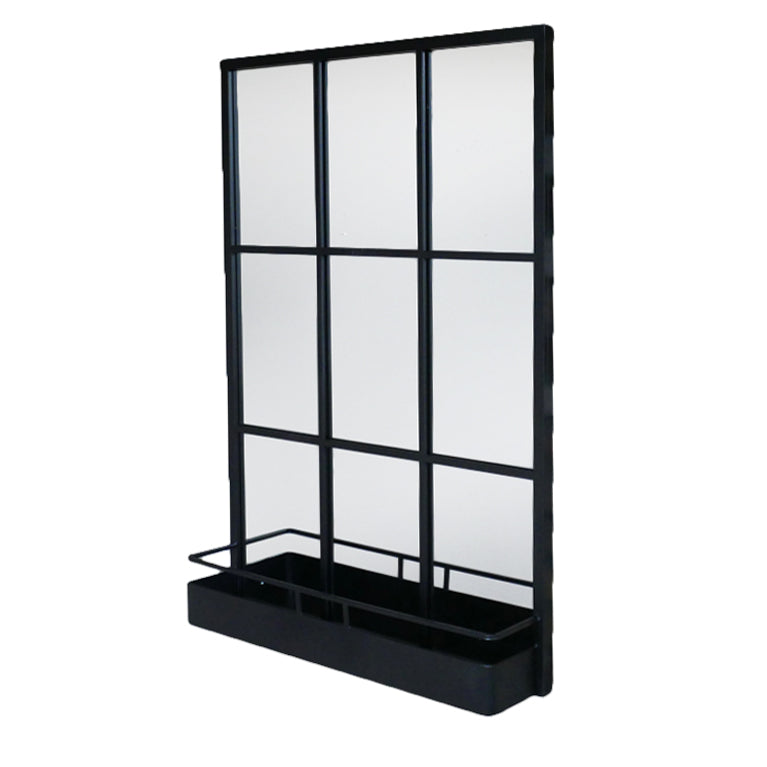 Black, wall window mirror with integrated shelf to the base.&nbsp; A perfect hall mirror, the window mirror adding to the light an perspective and the shelf as the perfect place for keys etc. On a patio, balcony or in a conservatory, the shelf would be a perfect place for plants to trail up onto the window mirror.&nbsp;