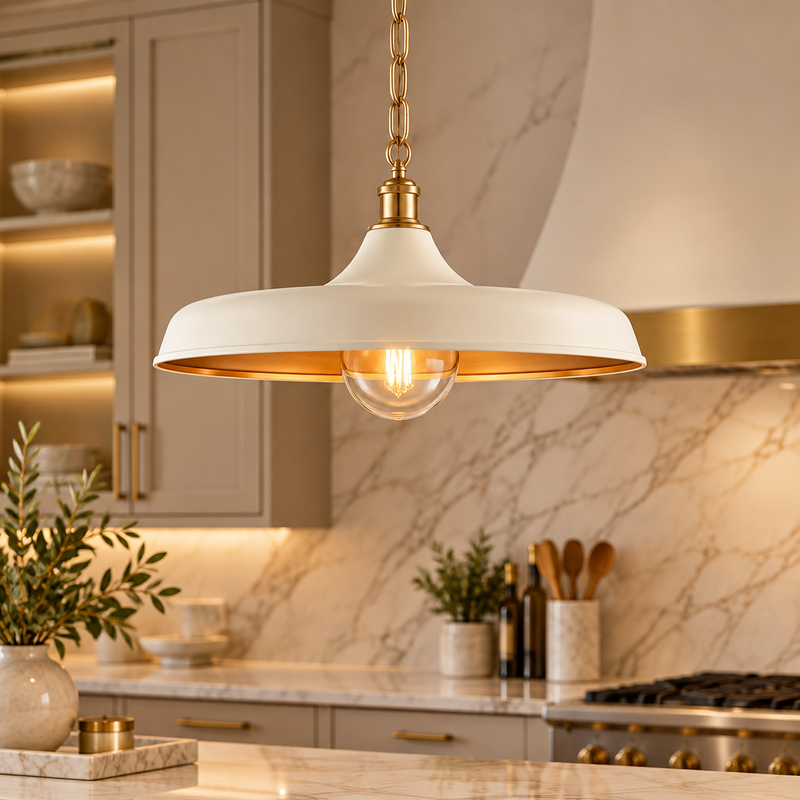 Warm white dome pendant light above a kitchen island