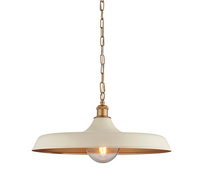 Mid century pendant light with a white dome and brass fittings