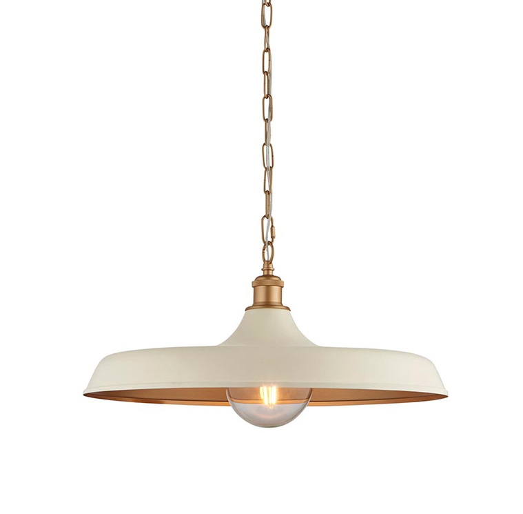 Mid century pendant light with a white dome and brass fittings
