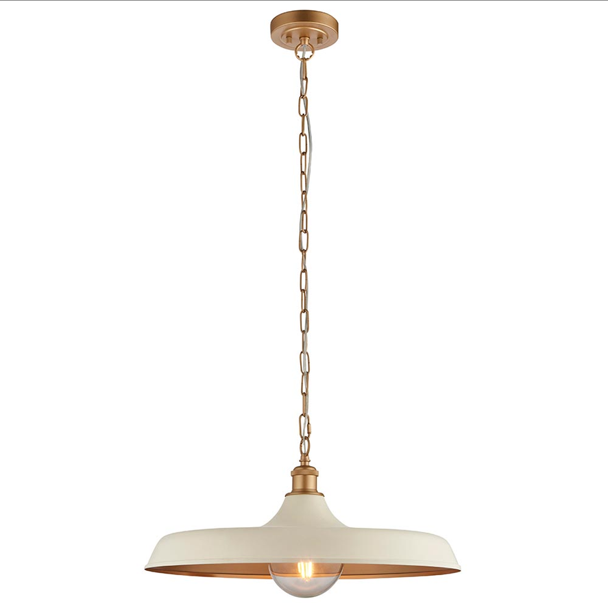 Mid century pendant light with a white dome and brass fittings and ceiling rose