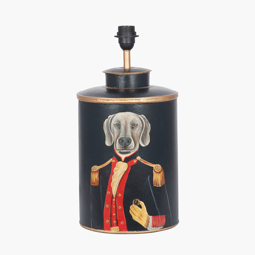 <p>Black iron lamp in a classic, vintage shape with a Weimaraner dog painted on the front. In a typical 'Georgian' shape, the dog is wearing the regimental colours as his uniform.<br></p> <p>H: 46 cm W: 23 cm</p>