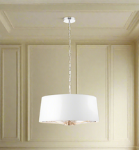 White shaded ceiling light with nickel frame and bulb holders. A clean, subtle, neutral light offering a soft glow to a bedroom, living room. The combination of cream shade and nickel frame create a modern sophisticated feel.