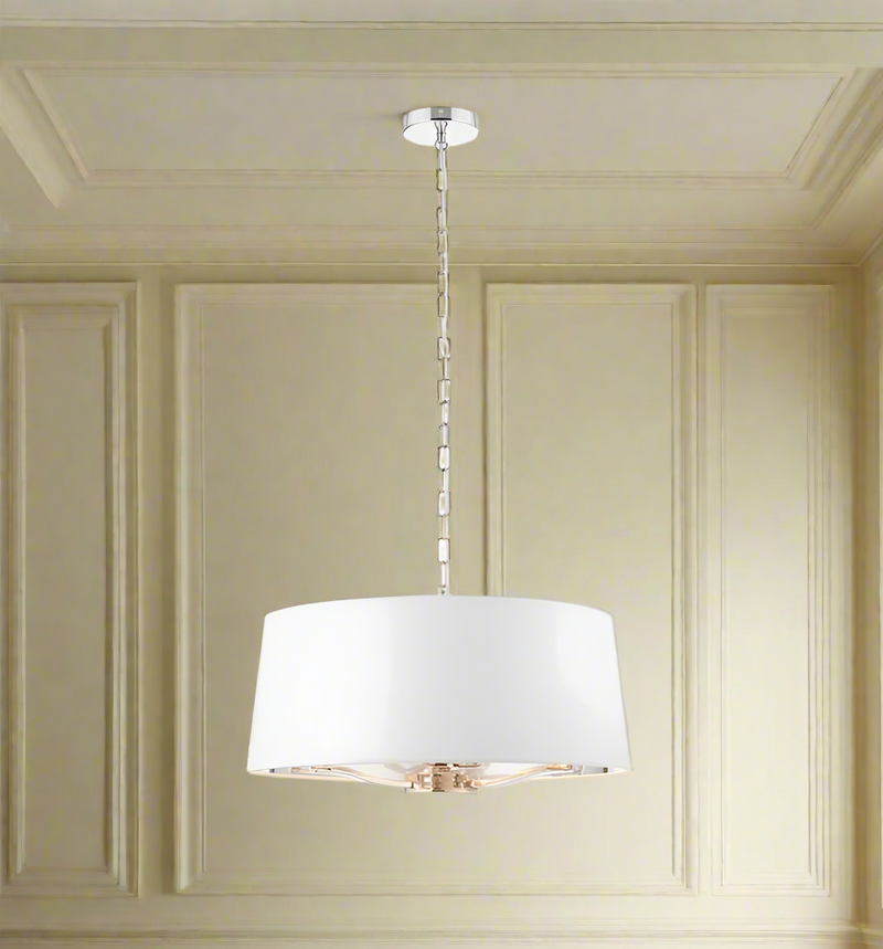 White shaded ceiling light with nickel frame and bulb holders. A clean, subtle, neutral light offering a soft glow to a bedroom, living room. The combination of cream shade and nickel frame create a modern sophisticated feel.