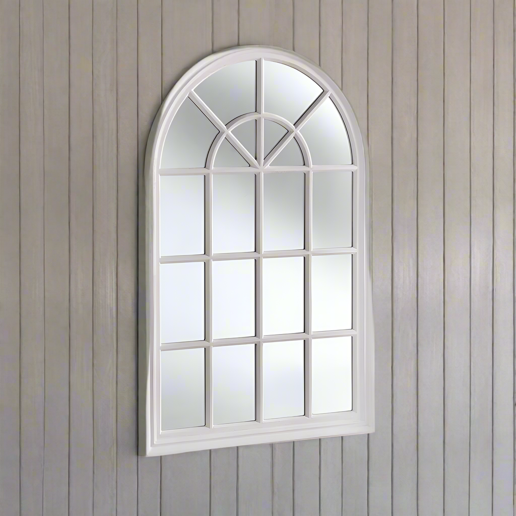 Distressed soft black finished, wooden, arched window mirror. These window mirrors work really well in a patio setting, flashing light into the darkest of areas.&nbsp;
