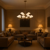 A larger version of our very popular white glass and gilt pendant, now with twelve opaque diamond shaped lights.&nbsp; A contemporary statement which will look stunning in your living room, above a large dining table or in an entryway to enhance the overall appeal of any interior.&nbsp;&nbsp;