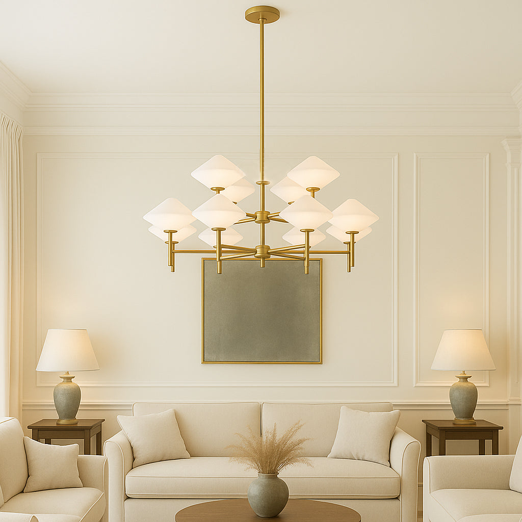 .A larger version of our very popular white glass and gilt pendant, now with twelve opaque diamond shaped lights.&nbsp; A contemporary statement which will look stunning in your living room, above a large dining table or in an entryway to enhance the overall appeal of any interior

H: 43 cm&nbsp; W: 100 cm&nbsp;&nbsp; H: Including Chain&nbsp; 112 cm&nbsp; &nbsp;Rose Diameter:&nbsp; 12 cm&nbsp;

Weight : 10.58 kg

Requires 12 G9 Bulbs.

Bulbs are not included with this product should you wish to purchase bul
