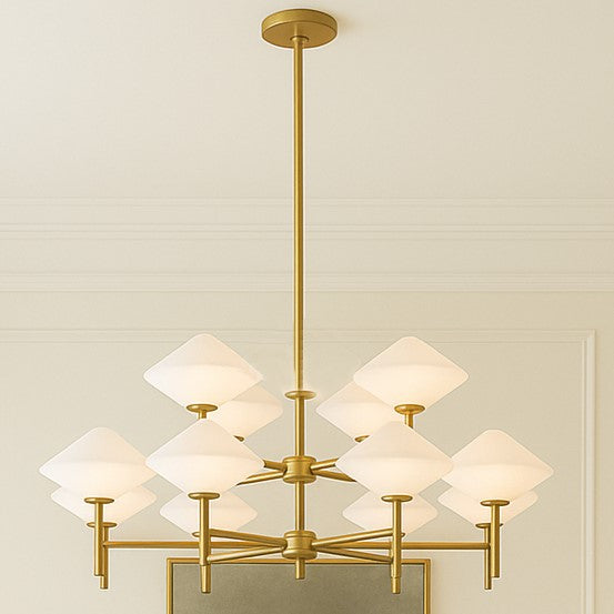.A larger version of our very popular white glass and gilt pendant, now with twelve opaque diamond shaped lights.&nbsp; A contemporary statement which will look stunning in your living room, above a large dining table or in an entryway to enhance the overall appeal of any interior

H: 43 cm&nbsp; W: 100 cm&nbsp;&nbsp; H: Including Chain&nbsp; 112 cm&nbsp; &nbsp;Rose Diameter:&nbsp; 12 cm&nbsp;

Weight : 10.58 kg

Requires 12 G9 Bulbs.

Bulbs are not included with this product should you wish to purchase bul