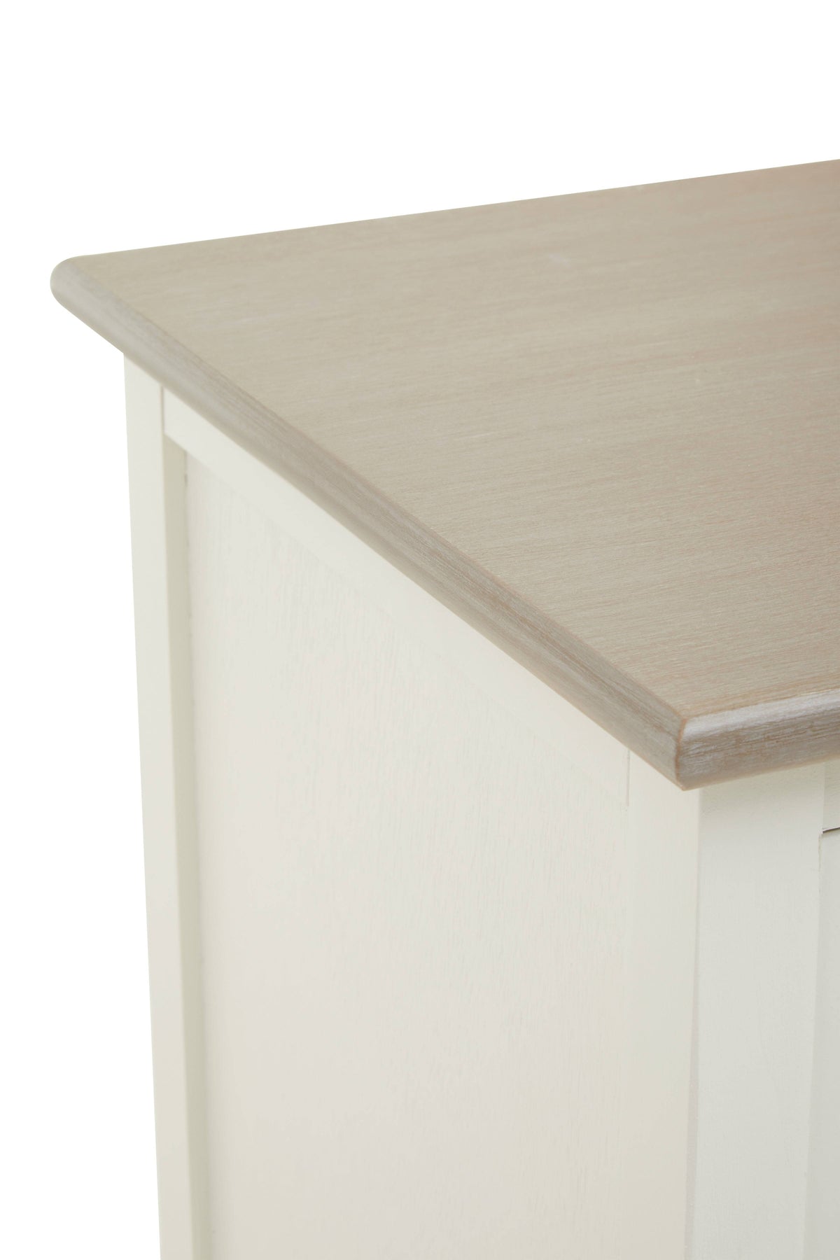 A small size cabinet designed with small spaces in mind. This piece of furniture is a good storage solution for narrow spaces. At only 35cm deep and 66cm wide, this is compact piece is ideal for alcove nooks, small spaces between doors and windows and for any space which requires surface area to project as little as possible without compromising on internal storage space. Painted in a soft white, there is one fixed internal shelf and two draws finished in a traditional beveling with quality