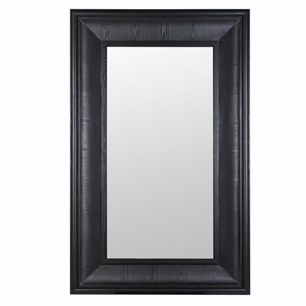 A really chunky framed black wooden mirror in an extra large size.&nbsp; &nbsp;A matte black painted frame, extra large with a sleek modern appearance.&nbsp; The frame has a wood grain feature and a beveled angled profile with a recessed inner border to create a classic elegant look.&nbsp; The mirror is extra large and and can be wall hung or leant against a wall.

H: 210 cm&nbsp; W: 125 cm&nbsp;