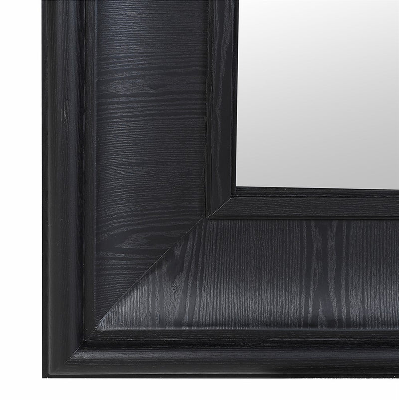 A really chunky framed black wooden mirror in an extra large size.&nbsp; &nbsp;A matte black painted frame, extra large with a sleek modern appearance.&nbsp; The frame has a wood grain feature and a beveled angled profile with a recessed inner border to create a classic elegant look.&nbsp; The mirror is extra large and and can be wall hung or leant against a wall.

H: 210 cm&nbsp; W: 125 cm&nbsp;