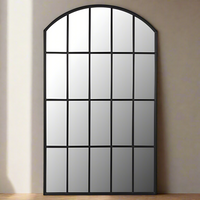 Tall and wide black arched window panelled mirror. With this mirror on any wall you can add light and perspective to any room, a great way to fool the eye that a hall goes a lot further than it does.