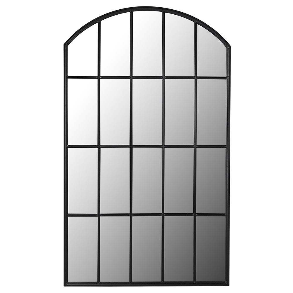Tall and wide black arched window mirror. With this mirror on any wall you can add light and perspective to any room, a great way to fool the eye that a hall goes a lot further than it does.