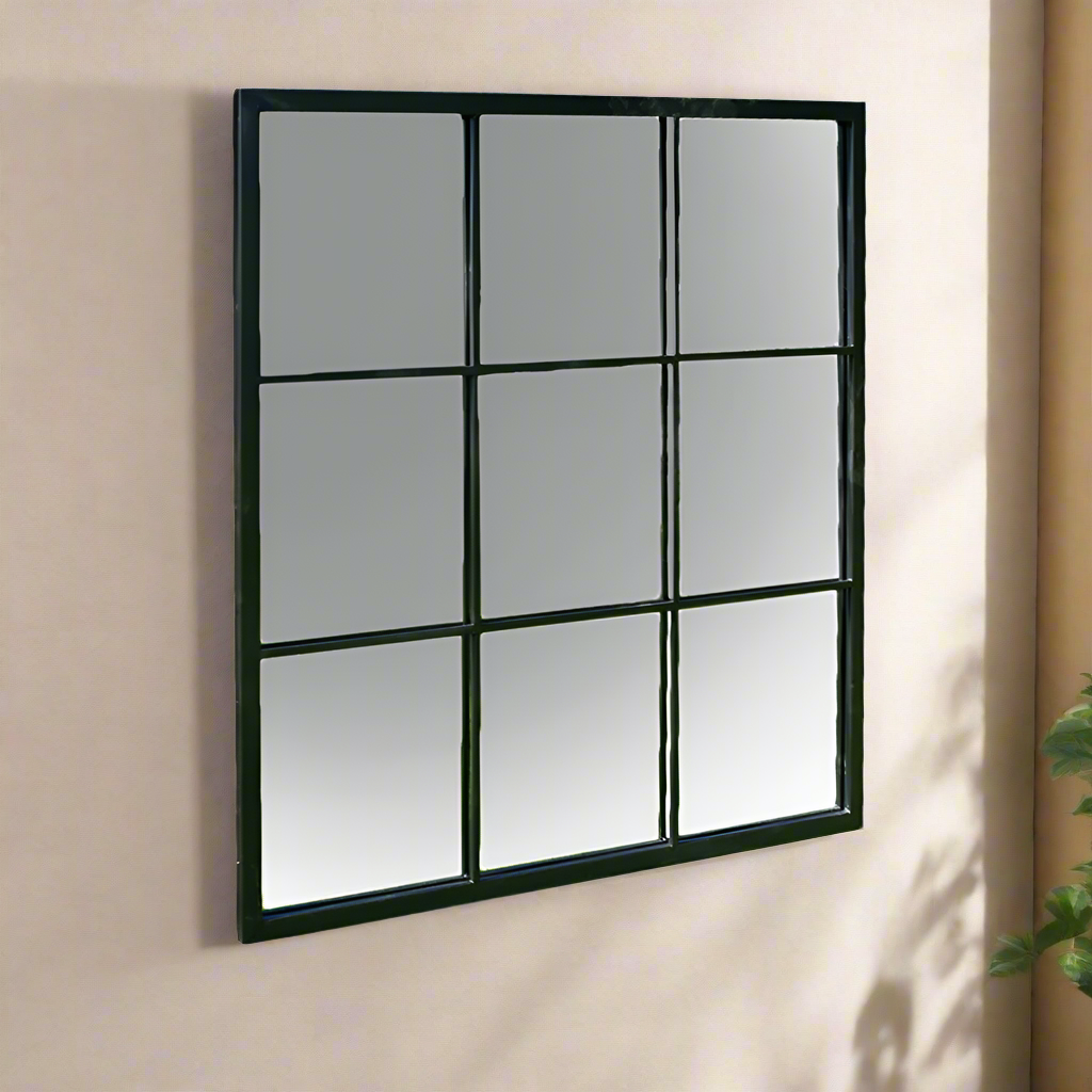 Black square window mirror with nine panes.
Great mirror giving a great industrial effect.