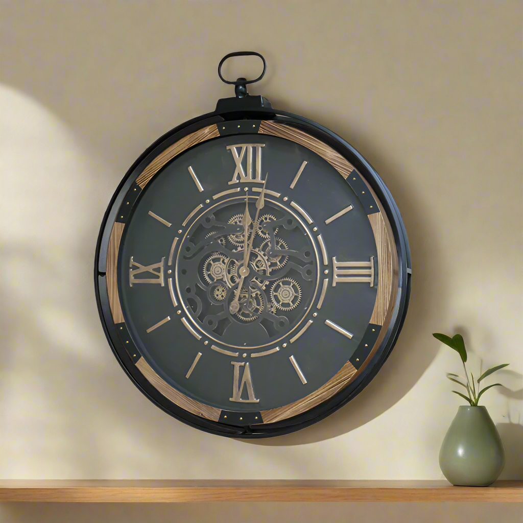 Wood & Metal Moving Cog Black Clock 74cm