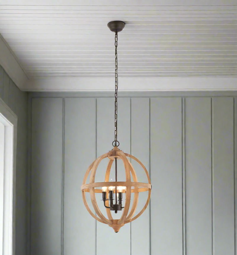 Large wooden globe chandelier with three bulb holders.&nbsp;&nbsp; A great stairwell, or hall light with an industrial twist. This rustic light would look just as good in a kitchen or over a dining room table, A real statement light.