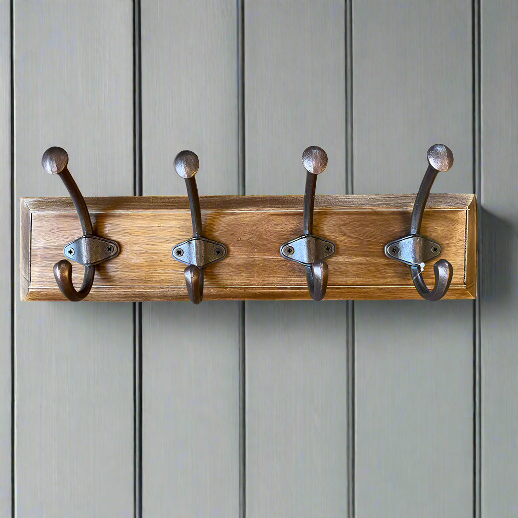 Bring practical storage to your hallway, entryway or bedroom with this rustic wooden wall-mounted coat rack. Crafted from solid wood and fitted with four durable black metal double hooks, it offers ample space for coats, jackets, hats, scarves, bags, and everyday essentials.