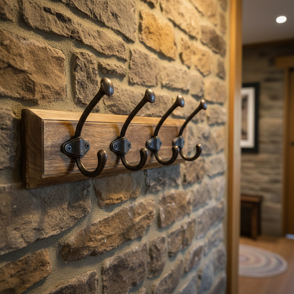 Bring practical storage to your hallway, entryway or bedroom with this rustic wooden wall-mounted coat rack. Crafted from solid wood and fitted with four durable black metal double hooks, it offers ample space for coats, jackets, hats, scarves, bags, and everyday essentials.