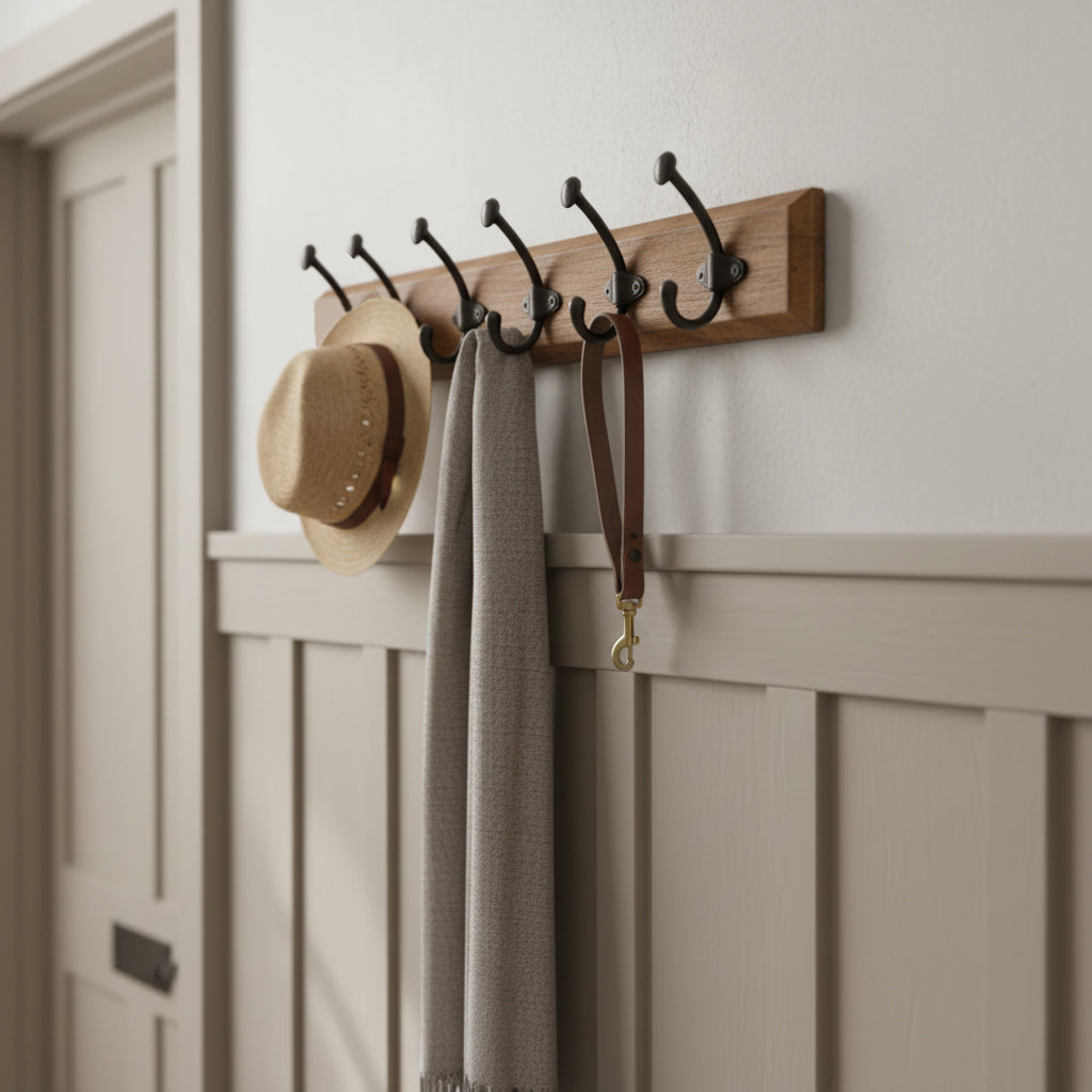 Wooden Wall Mounted Coat Rack with 6 Black Metal Double Hooks