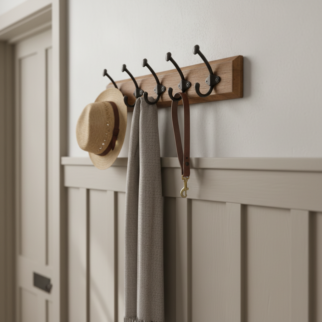 Bring practical storage to your hallway, entryway or bedroom with this rustic wooden wall-mounted coat rack. Crafted from solid wood and fitted with six durable black metal double hooks, it offers ample space for coats, jackets, hats, scarves, bags, and everyday essentials.