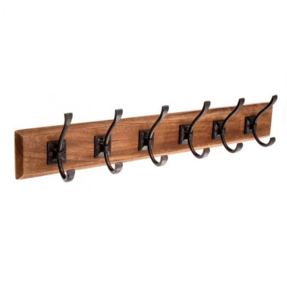 Wooden Wall Mounted Coat Rack with 6 Black Metal Double Hooks