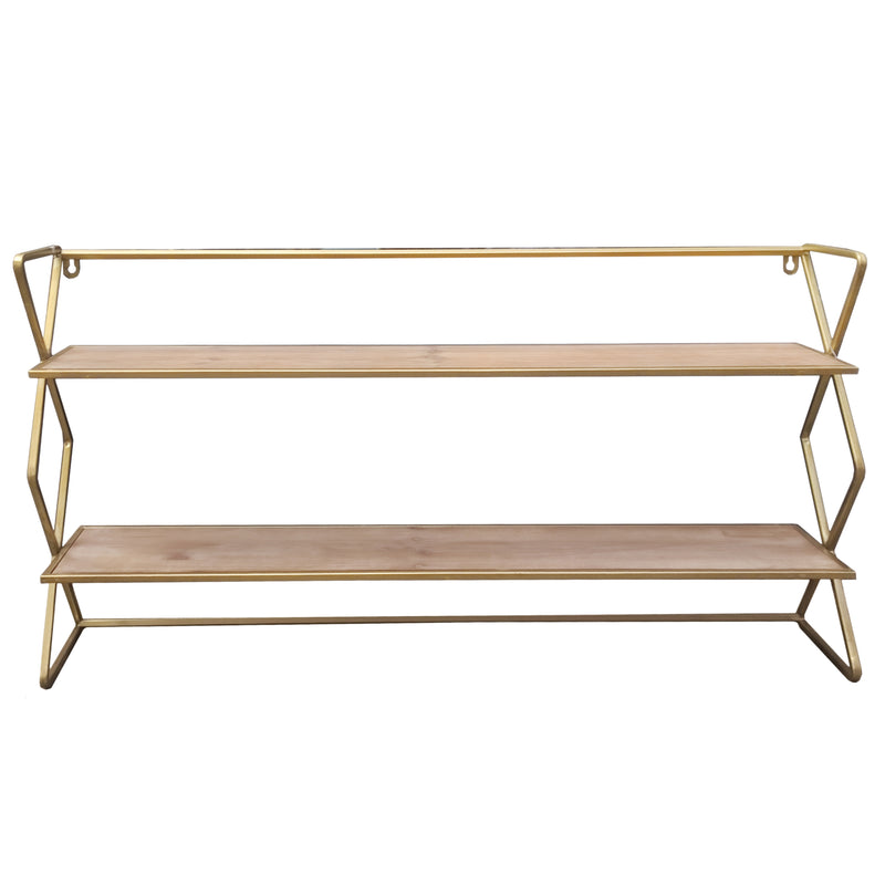 Double Wooden Wall Shelf Unit With Brass Frame 83cm x 45cm