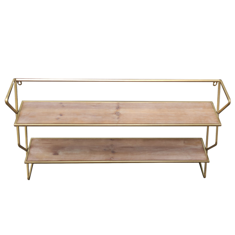 Double Wooden Wall Shelf Unit With Brass Frame 83cm x 45cm