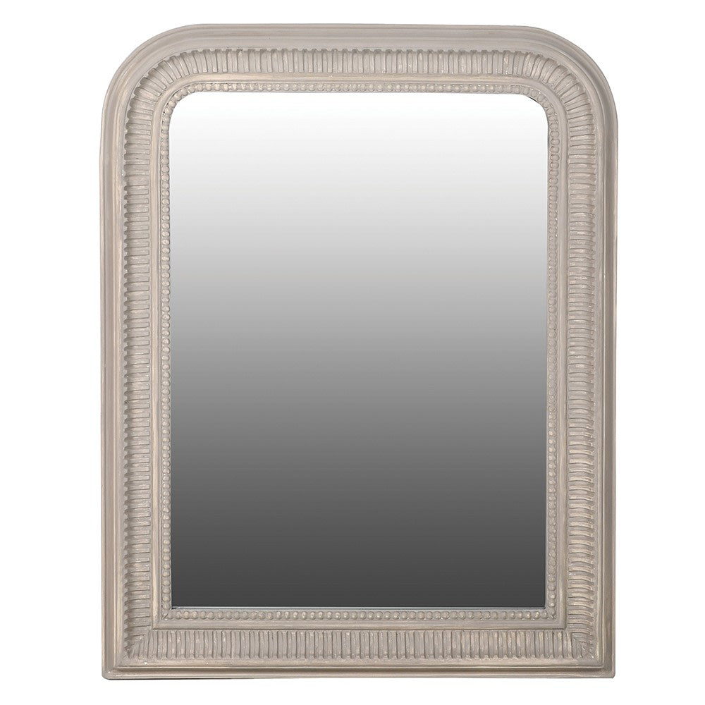 Ornate framed, arched mirror in a Scandi grey colour. A perfect overmantle mirror, that would look just as suitable in a bedroom or hall. A simple look but very effective, a copy of a 'Georgian' style mirror.