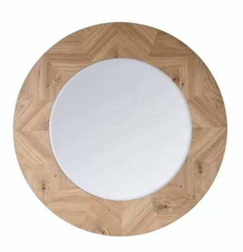 Large round wooden mirror in oak veneer, with an attractive chevron design to the frame. Varnished&nbsp; in matt laquer to show the natural beauty of the oak grain.  W: 90 cm&nbsp;