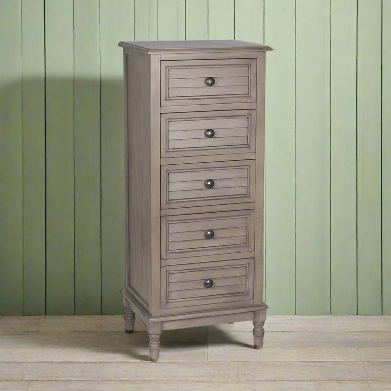 5 Drawer chest in a taupe wooden finish. Tallboys are a perfect storage solution having a much smaller footprint than a conventional chest of drawers.&nbsp;