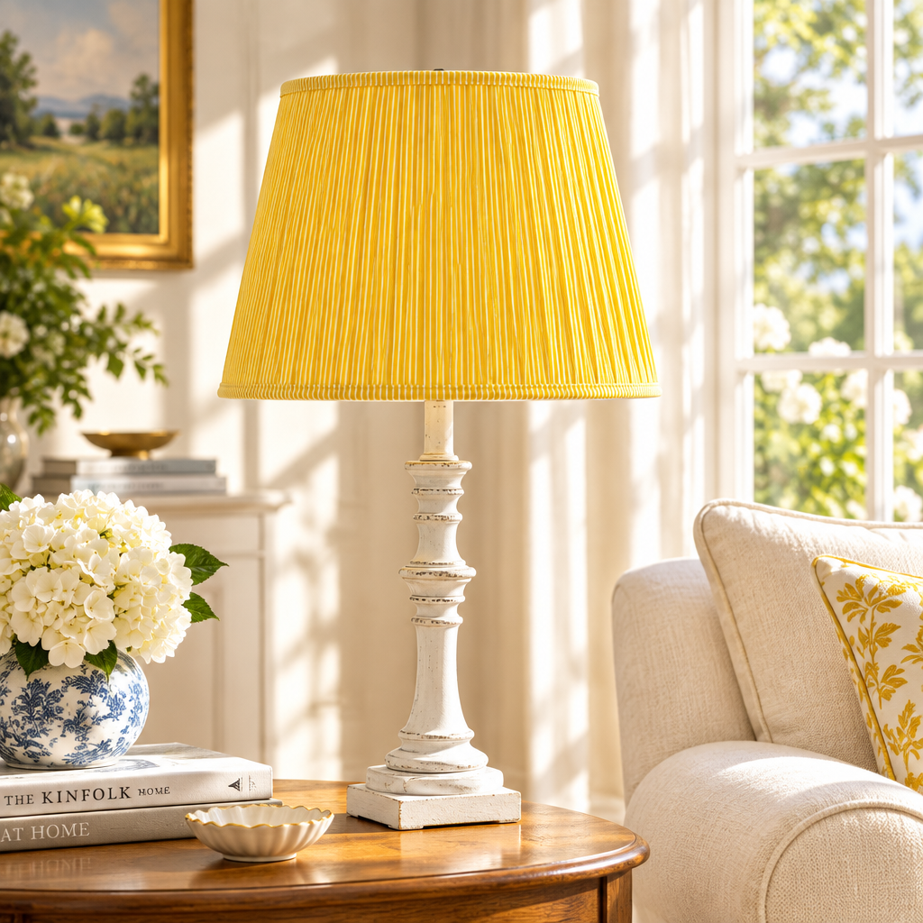 Pleated yellow fabric shade and a distressed white turned wood base in a living room 