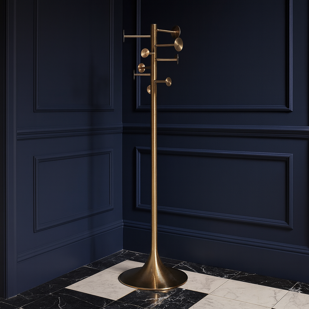 Tall aged brass coat stand with nine sculptural hooks and a ribbed column on a circular weighted base.