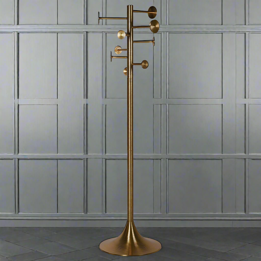 Tall aged brass coat stand with 8 hooks, featuring a sleek and glamorous design. Perfect for home decor, combining practicality and luxury.