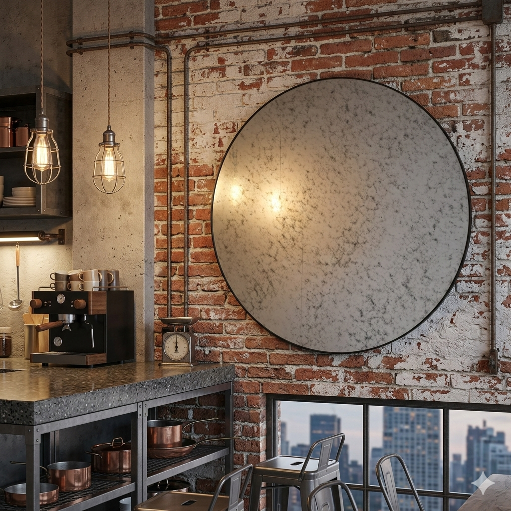 Hanging in an urban style kitchen, with industrial lights and metal surfaces, on a brick and plaster wall.